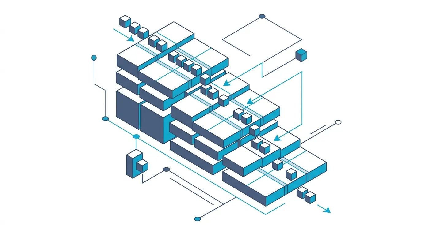 Isometric diagram illustrating an excel dynamic array fifo inventory valuation matrix mapping depleted cost layers.