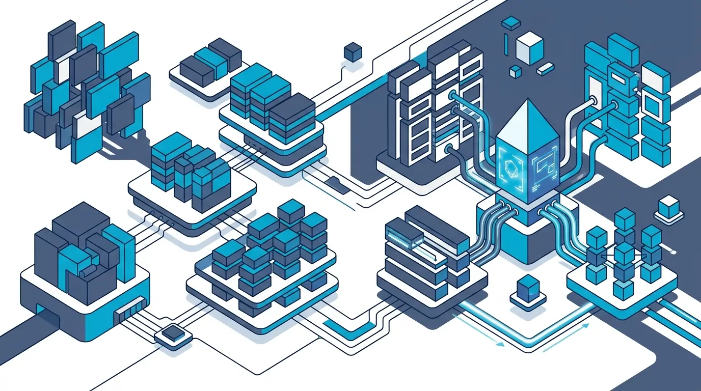 Isometric diagram illustrating the M-Code architecture used to power query combine files with different column names.